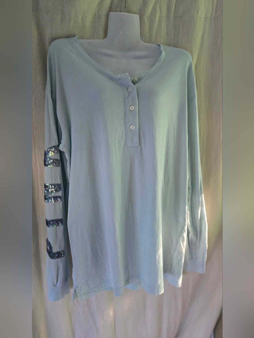 PINK Victoria's Secret Light Blue Long Sleeve Henley with Sequin Sleeve Detail